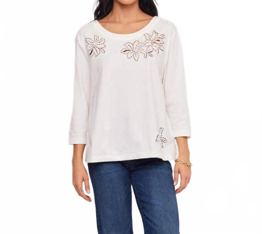 NEW KAREN KANE 3/4 sleeve embroidered cut-out boatneck top in off white
